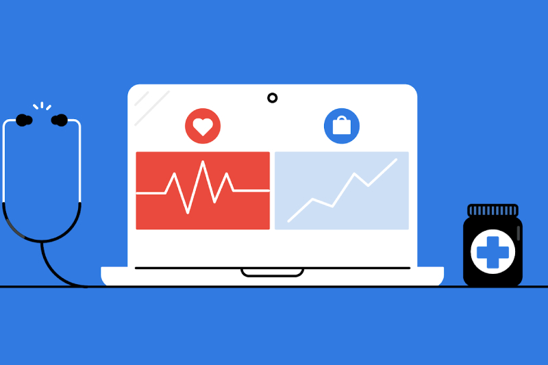 A laptop is placed in the middle with ecg waves and a stethescope and medicine bottle is placed on either sided of the laptop